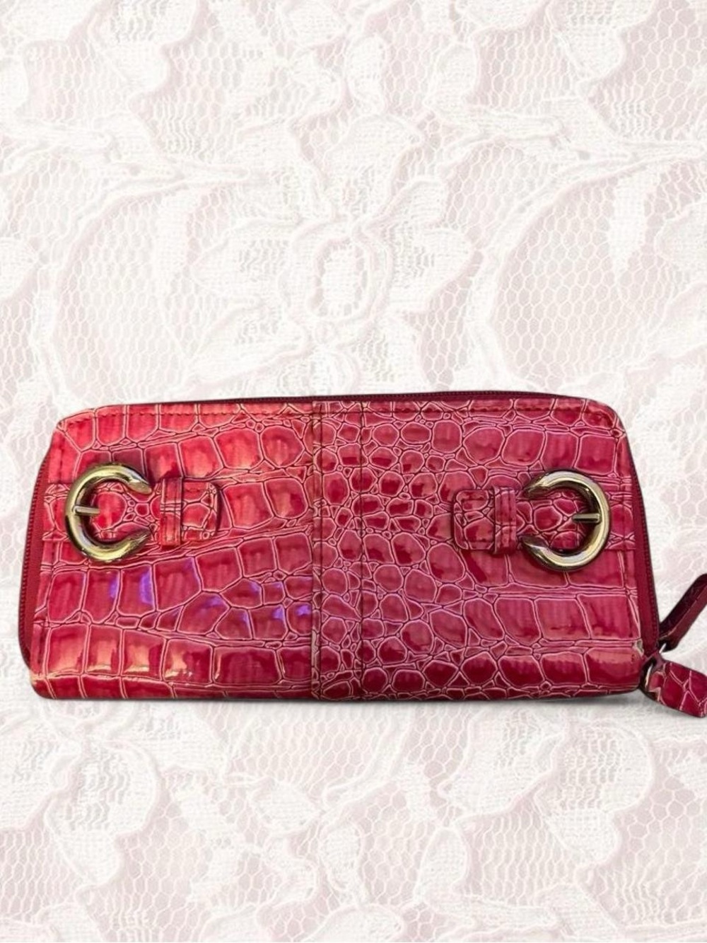 Pink Croc-Embossed Zip Wallet with Gold Rings